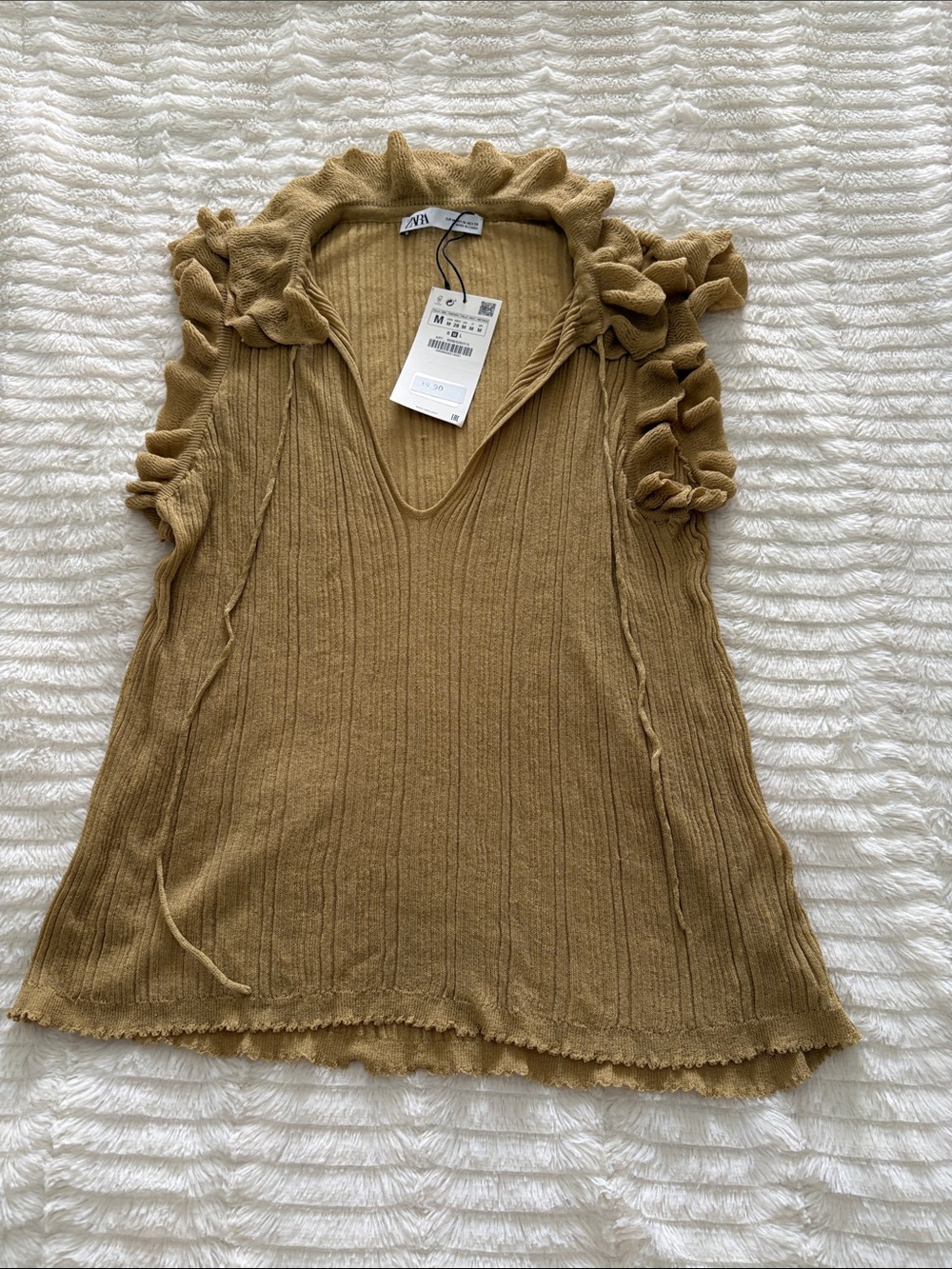 Zara Ruffle-Trim Knit Top in Gold